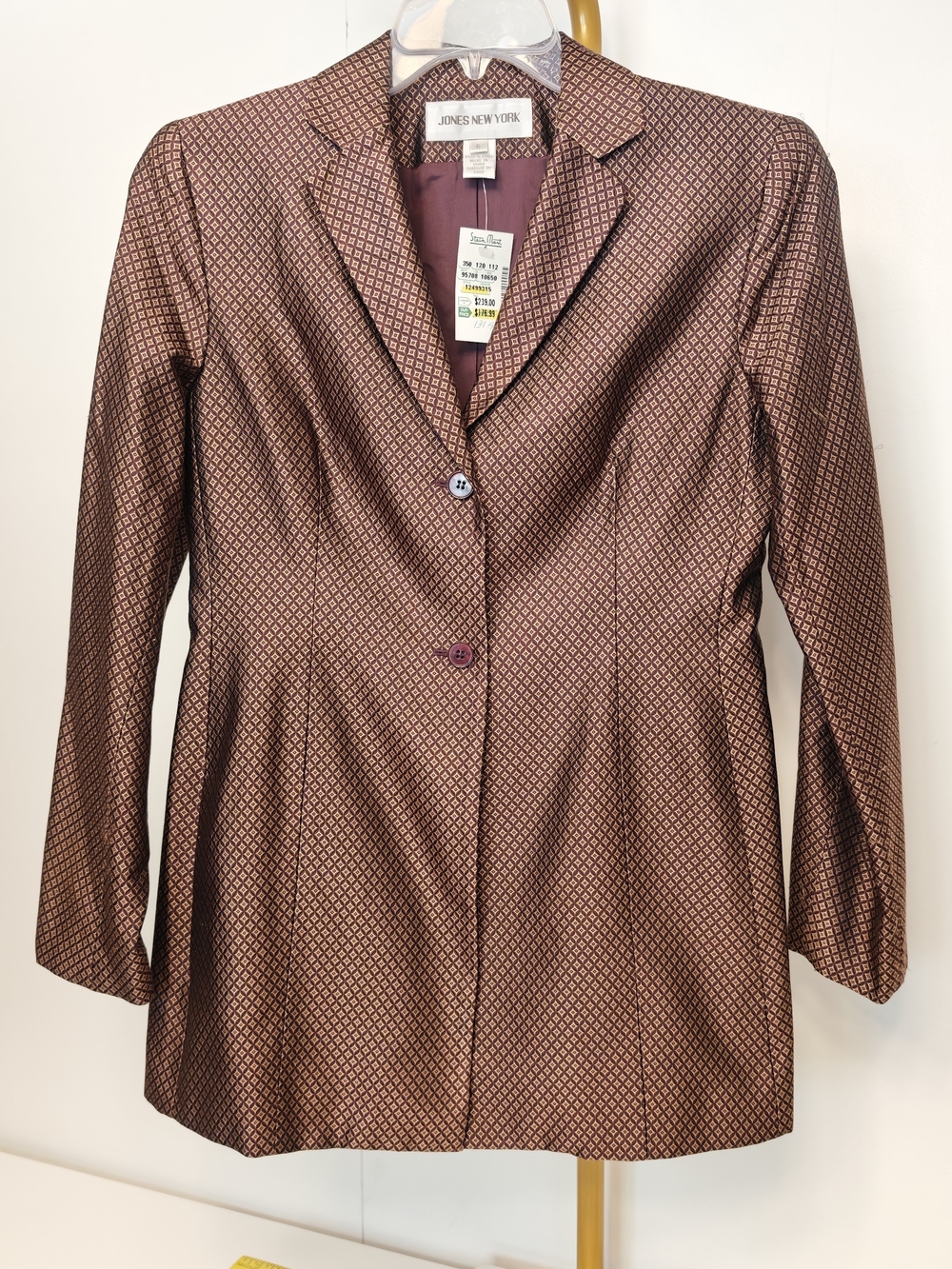 Acadamia Luxury Parisian Long Tailored Silk Burgundy Patterned Blazer Size 6